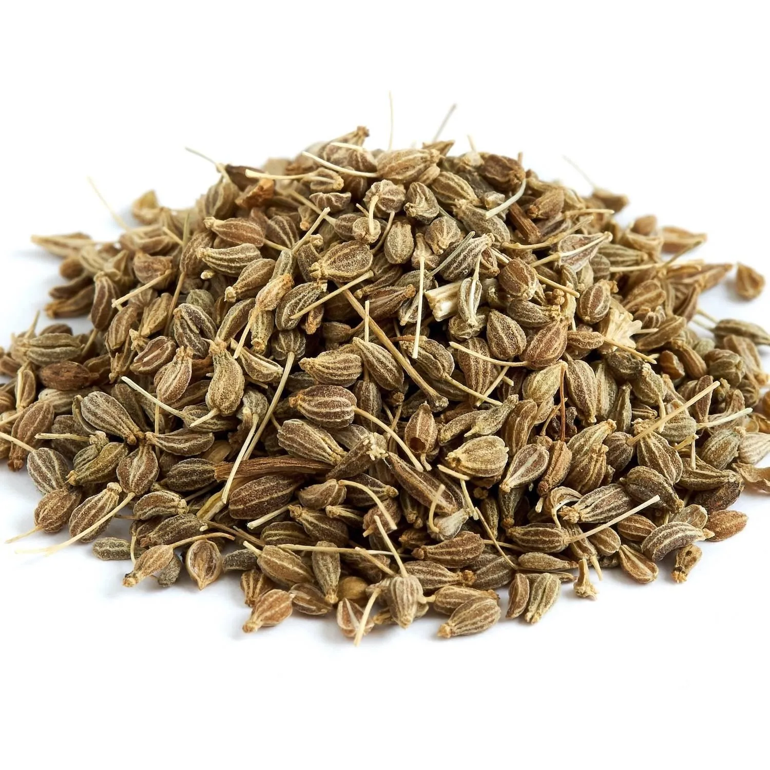 Small oblong ridged grey-brown anise seeds scattered on a white surface